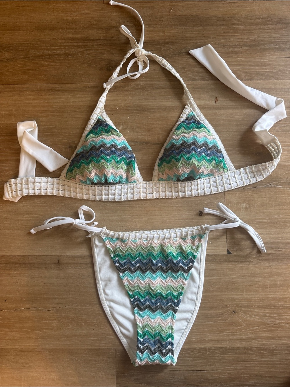 White Bikini Set with Multicolor Chevron Knit Panels, L